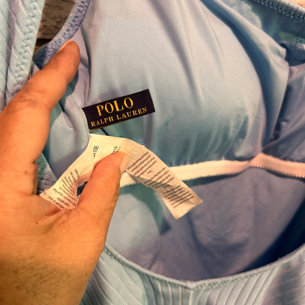 Polo Ralph Lauren Blue Ribbed One Piece Swimsuit Women Med Pony Logo Scoop Back - Picture 6 of 7